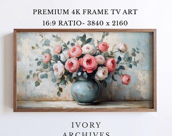 Samsung Frame TV Art, Vintage Pink Roses in Blue Vase Cottage Decor (Digital Download) 2457