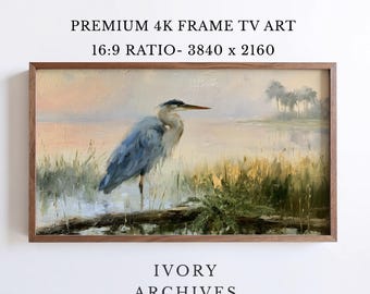 Samsung Frame TV Art, Vintage Blue Heron Marsh Landscape Coastal (Digital Download) 3186
