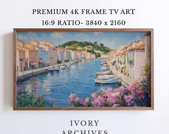 Colorful Mediterranean Harbor Village Frame TV Art Coastal Boats (Digital Download) 3036