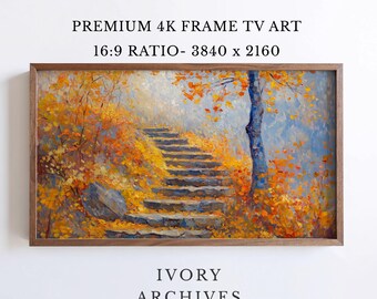 Autumn Staircase Frame TV Art, Rustic Fall Foliage Woodland Path (Digital Download) 3473