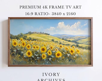 Vintage Sunflower Field Frame TV Art, Rustic Farmhouse Landscape (Digital Download) 3438