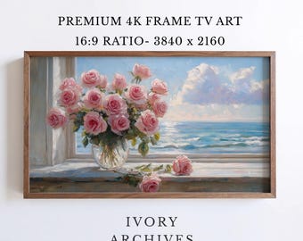 Pink Rose Vase Coastal Window Samsung Frame TV Art (Digital Download) 2479
