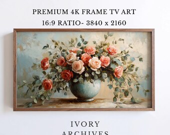 Samsung Frame TV Art, Vintage Pink Rose Bouquet Cottagecore Floral (Digital Download) 2458