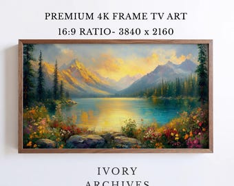 Samsung Frame TV Art, Mountain Lake Sunset, Wildflower Landscape (Digital Download) 2375