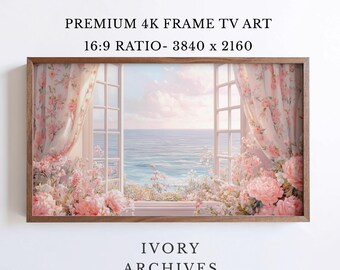 Coastal Window Frame TV Art, Pink Peonies Seascape Cottage Decor (Digital Download) 2480
