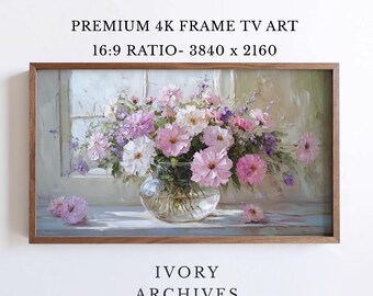 Vintage Floral Still Life Frame TV Art, Pink Wildflowers Cottage Decor (Digital Download) 3428