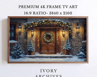 Snowy Entryway Christmas Frame TV Art, Rustic Holiday Door (Digital Download) 3909