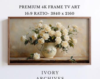 Cream Roses Vintage Pitcher Frame TV Art, Cottagecore Farmhouse Decor (Digital Download) 2522