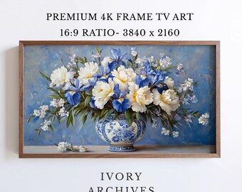 Blue White Floral Bouquet Samsung Frame TV Art Vintage Chinoiserie Vase (Digital Download) 3083