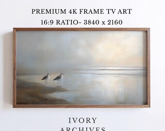 Vintage Seagull Beach Frame TV Art, Coastal Calm Wall Decor (Digital Download) 2967