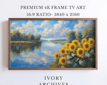 Vintage Sunflower River Landscape, Samsung Frame TV Art (Digital Download) 3437