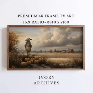 May include: Digital artwork for a frame TV featuring a scarecrow standing in a field with pumpkins in the foreground and a red barn in the distance under a cloudy sky. Text reads: PREMIUM 4K FRAME TV ART 16:9 RATIO- 3840 x 2160 IVORY ARCHIVES.