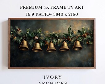 Vintage Brass Bells Christmas Frame TV Art Holiday Garland (Digital Download) 4100