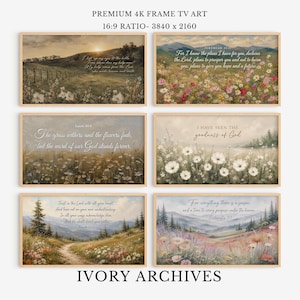 May include: A collection of six digital landscape artworks for frame TVs, each featuring scenic nature views with rolling hills, meadows, forests, and mountains. Each piece includes overlaid religious scripture text in elegant white script typography.