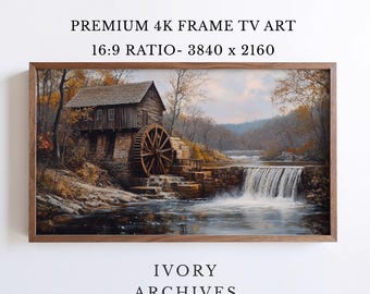 Rustic Grist Mill Frame TV Art, Waterfall Autumn Landscape (Digital Download) 3472