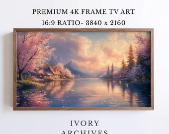 Samsung Frame TV Art, Cherry Blossom Cottages Spring Landscape (Digital Download) 2413