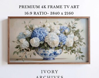 Blue Hydrangeas White Roses Chinoiserie Bowl Frame TV Art (Digital Download) 3427