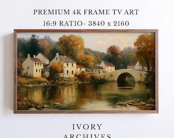 Autumn New England Village Frame TV Art, Stone Bridge Landscape (Digital Download) 3381