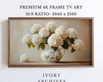 Vintage White Hydrangea Pitcher, Cottage Floral Still Life Frame TV Art (Digital Download) 2521