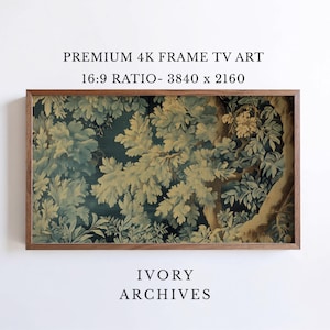 May include: A framed artwork featuring a detailed tapestry design of a forest scene with lush foliage in shades of green, blue, and beige. The frame is a warm brown color. Text at the top reads "PREMIUM 4K FRAME TV ART" and "16:9 RATIO - 3840 x 2160". The bottom text says "IVORY ARCHIVES".