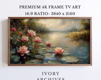 Romantic Summer Lake Frame TV Art, Pink Water Lilies Landscape (Digital Download) 3462