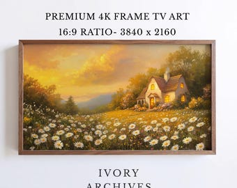 Samsung Frame TV Art, Cottage Daisy Meadow Sunset Landscape (Digital Download) 2416