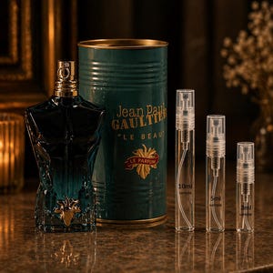 Puede incluir: Un frasco de perfume azul oscuro con forma de torso, con tapón dorado, junto a un recipiente verde azulado con texto. También hay tres frascos de muestra transparentes. El texto en el recipiente dice "Jean Paul Gaultier Le Parfum".