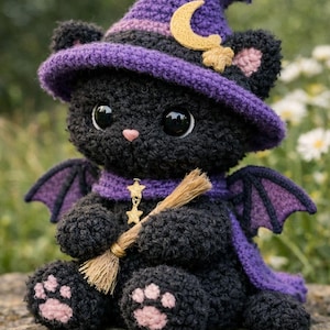 May include: A handmade black crochet cat doll wearing a purple witch's hat with a gold crescent moon and star, a purple scarf, and purple bat wings. The cat holds a small broom and has pink paw pads.