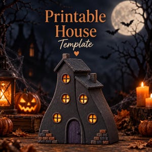 May include: A dark, textured, asymmetrical house structure with a purple door, five glowing circular windows, and brick accents at the base. The text "Printable House Template" is displayed above the house in a light orange font.