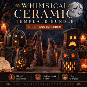 May include: A digital download bundle featuring 5 ceramic templates for pottery makers. The image displays dark, textured ceramic figures including a pumpkin house, a bat, two rabbits, a ghost, and an owl, all illuminated with warm orange light.