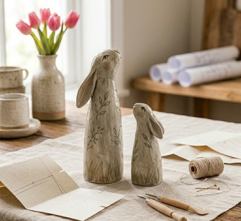 May include: Two ceramic rabbit figurines with leaf and stem designs. The rabbits are light beige with long ears and are looking upwards. A vase of pink tulips and a cup and saucer set are in the background.