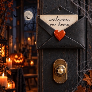 May include: A black envelope-shaped wall decor piece featuring a beige insert with the text "welcome our home" and a small red heart accent, positioned above a round brass doorbell button on a dark wooden surface with a textured finish.