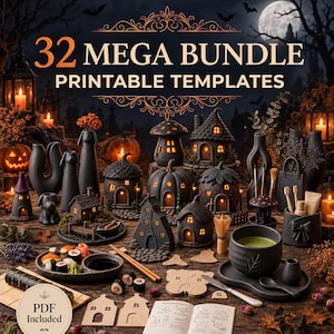 May include: A collection of 32 printable templates featuring dark-themed miniature houses, pumpkin-shaped dwellings, black ceramic vases, a sushi platter, and a matcha tea set. The image includes text that reads 32 MEGA BUNDLE PRINTABLE TEMPLATES.