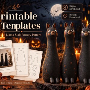 Puede incluir: Una plantilla imprimible de descarga digital para un patrón de cerámica de losa de llama. El conjunto incluye hojas de instrucciones con dibujos lineales de formas de llama y tres figuras de llama negras texturizadas.