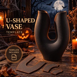May include: A matte black U-shaped vase with a smooth, curved silhouette. In front of the vase lie flat, U-shaped cutouts. The image includes the text U-SHAPED VASE TEMPLATE and TEMPLATE INCLUDED PDF, set against a dark, atmospheric background.