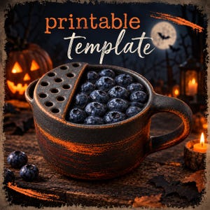 May include: A dark ceramic berry bowl with a textured orange brushstroke pattern and a built-in colander lid filled with fresh blueberries. The text "printable Template" is displayed in white and orange above the bowl.