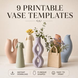 Puede incluir: Una colección de 9 plantillas de jarrones imprimibles con diversas formas en colores pastel como rosa, verde, beige, lavanda y azul. El texto 9 PRINTABLE VASE TEMPLATES aparece en la parte superior, junto a iconos de descarga e impresión.