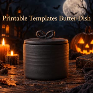 Puede incluir: Una mantequillera cilíndrica de color negro mate con una tapa a juego que presenta un asa en forma de lazo. El texto "Printable Templates Butter Dish" aparece sobre el objeto. El recipiente tiene una superficie estriada y un acabado opaco.