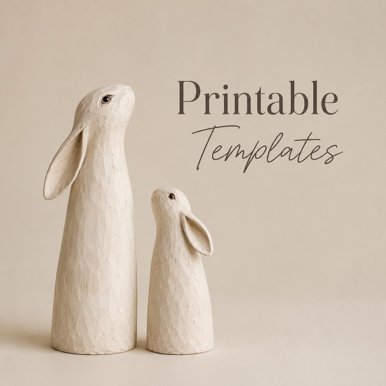 May include: Two off-white rabbit figurines with textured surfaces stand on a neutral background. The taller rabbit has long ears, while the smaller one has shorter ears. The text "Printable Templates" is displayed in a script font.