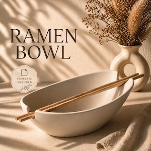 May include: A cream-colored ramen bowl with wooden chopsticks. The bowl has a unique oval shape and is placed on a neutral-toned surface. The text "RAMEN BOWL" is displayed above the bowl, with a small graphic that says "TEMPLATE INCLUDED".