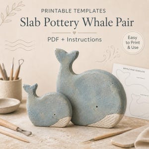 May include: Printable templates for a slab pottery whale pair, including PDF and instructions. The image shows two blue ceramic whale figures with textured surfaces, alongside pottery tools and a paper template labeled Whale Pair Template.