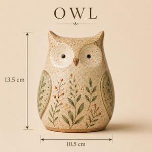 May include: A speckled ceramic owl figurine with a floral pattern on its chest and wings. The owl has a height of 13.5 cm and a width of 10.5 cm. The word OWL is printed above the figurine, which features a light beige base with brown speckles.