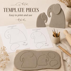 May include: A craft kit featuring two gray clay elephant figures, two printed paper templates labeled Large Elephant and Small Elephant, and a slab of gray clay with cut-out elephant shapes. Includes a small ceramic cup with metal sculpting tools.