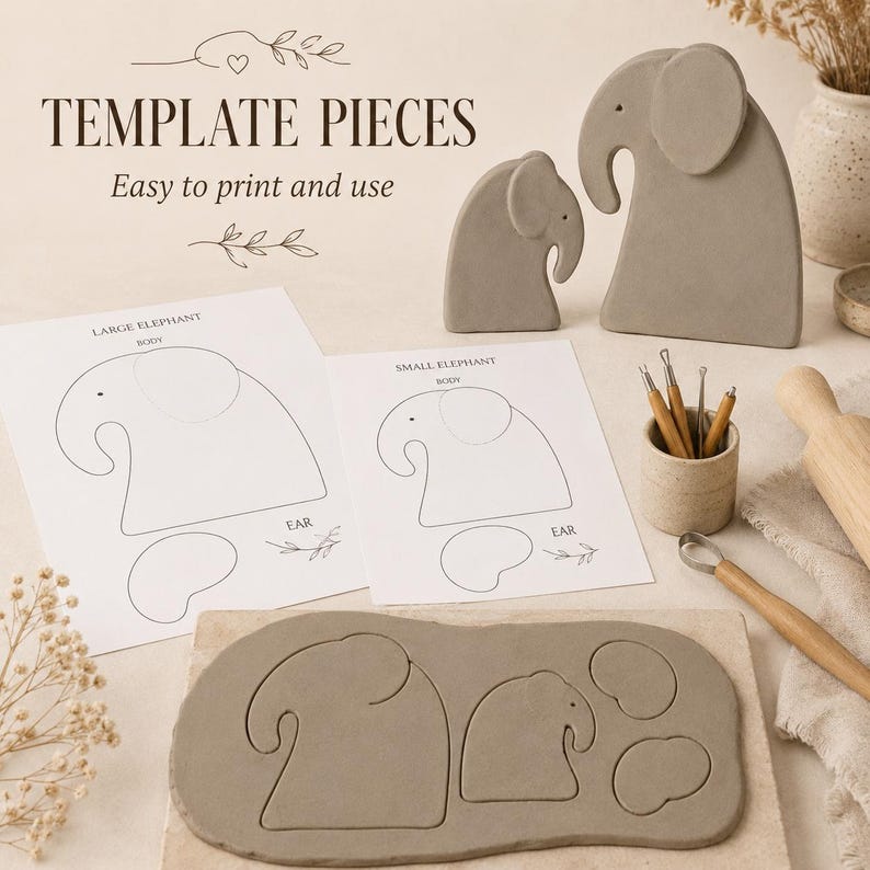 May include: A craft kit featuring two gray clay elephant figures, two printed paper templates labeled Large Elephant and Small Elephant, and a slab of gray clay with cut-out elephant shapes. Includes a small ceramic cup with metal sculpting tools.