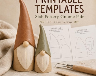 May include: Two ceramic gnome figurines with tall hats in brown and olive green, featuring cream-colored beards and round noses. Beside them are two white paper templates labeled "Gnome Pair" and two wooden pottery sculpting tools.