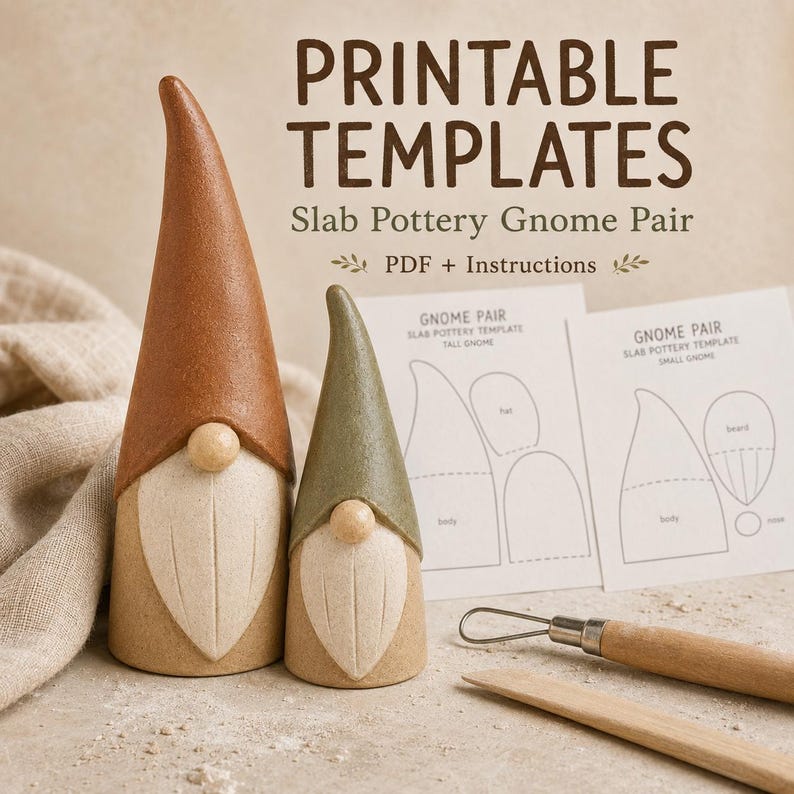 May include: Two ceramic gnome figurines with tall hats in brown and olive green, featuring cream-colored beards and round noses. Beside them are two white paper templates labeled "Gnome Pair" and two wooden pottery sculpting tools.