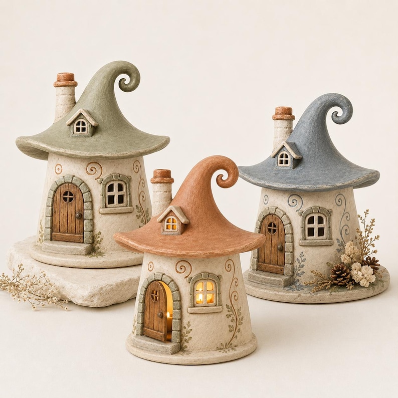 May include: Three decorative house-shaped figurines with curved, pointed roofs in sage green, terracotta, and slate blue. Each cream-colored structure features a wooden door, small windows, a chimney, and painted vine details on the exterior walls.