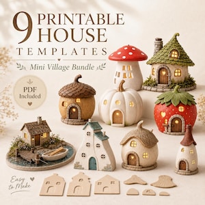 May include: A collection of miniature house templates, including a mushroom, pumpkin, and strawberry-shaped houses. The image includes the text "9 Printable House Templates Mini Village Bundle" and "PDF Included". The houses are designed to be easy to make.