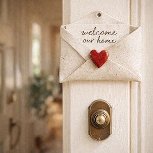 May include: A cream-colored envelope-shaped wall hanging with the words "welcome our home" in black script. A red heart is affixed to the front. Below, a vintage brass doorbell is mounted on a white door.