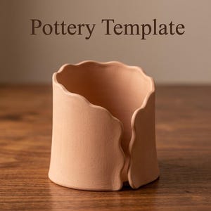 May include: A light peach-colored pottery template with a cylindrical shape and a scalloped, wavy top edge. The material has a matte, unglazed finish. The text 'Pottery Template' is printed in dark brown letters above the object.